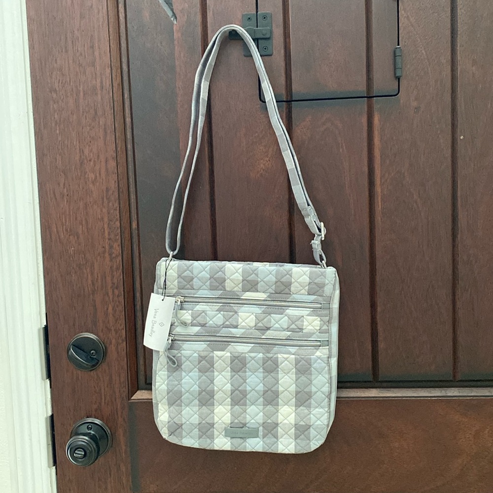 NWT Vera Bradley Quilt Crossbody Purse Bag Sparkly Silver Neutral Buffalo Check